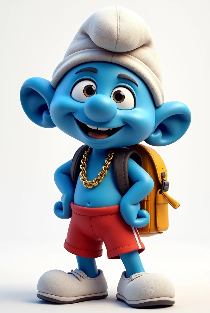 smurf mascote,  cute cute cute, with gold chain around his neck, backpack on back,  with futsal player shorts, Arms crossed sideways.