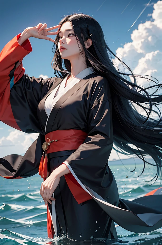 A black-haired woman in a kimono uses wind magic to fly into the sky, manipulate water, and blow away the rain. A bust-up of a beautiful woman with flowing hair calling for the sun.