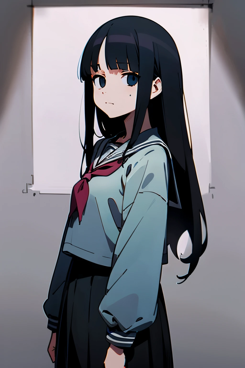 anime girl, white school girl outfit, looking at camera, facing forward, front facing, long black hair, straight hair, thin, , deadpan expression, dead eyes, blank eyes, looking forward, fully body, fully body shot, framed far from camera, arms at side, neutral pose, evil smile