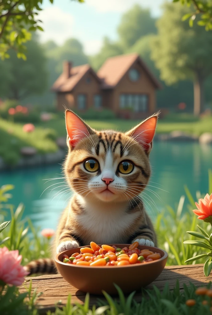 A cat eating in front of a house by a lake in a garden, beautiful detailed eyes, beautiful detailed nose, beautiful detailed mouth, longeyelashes, photorealistic, hyperdetailed, 8k, high quality, vibrant colors, natural lighting, lush garden, tranquil lake, cozy house, intricate details