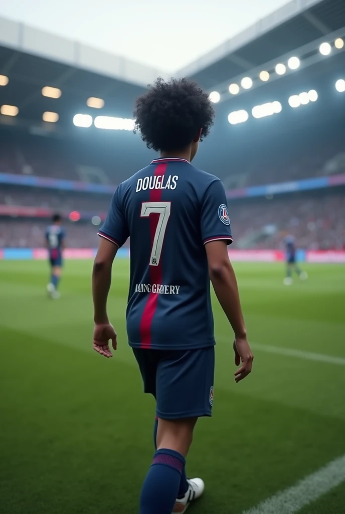 an adult with a PSG shirt, with the name "Douglas" number 7, black curly hair, backwards walking around the stadium
