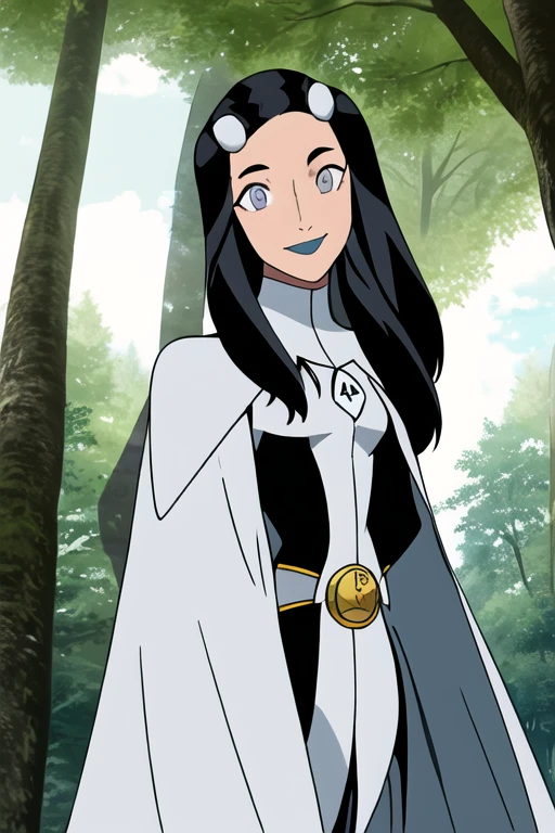 Tinya Wazzo, solo,black hair, long hair. grey eyes, smile, grey lips, white cape, best quality, masterpiece, 1girl, Masterpiece, Best Quality, Detail, Forest, cape in back, body caped, cape covered around, caped close tight