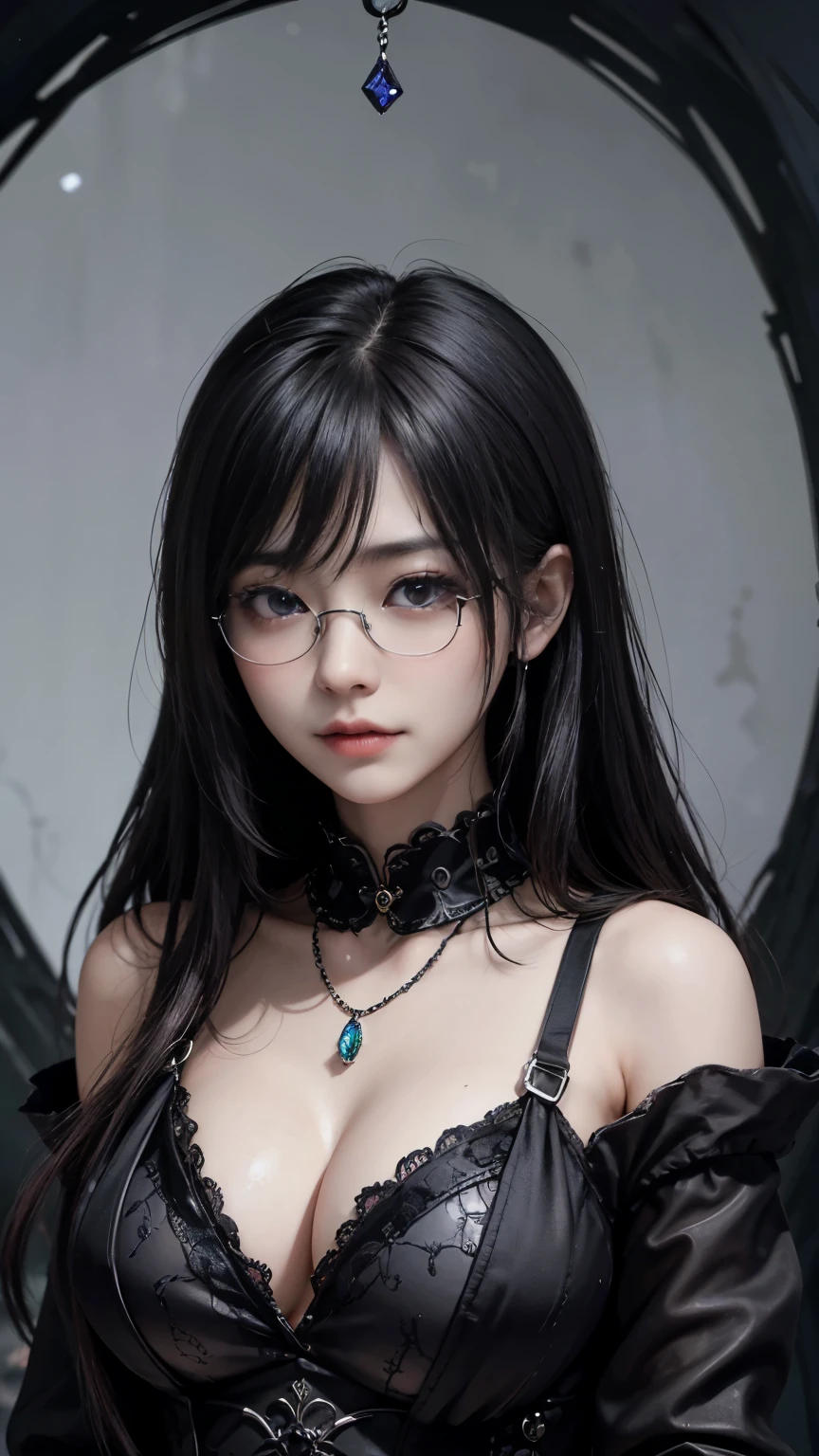 (Highest quality,4K,8k,High resolution,masterpiece:1.2),Very detailed,(Realistic,photoRealistic,photo-Realistic:1.37), Close-up of a woman with dark hair and a black dress, Dark Eyes,an  ominous笑顔,((((Glasses))))、((((big sapphire necklace))))、Evil Aura,Burning Flames,Soul corruption,Dark Shadows,an  ominous雰囲気,Strange symbols,Cursed Land,Eternal Darkness,Unforgettable Exists,Intimidating figure,Grotesque features,Horror Scene,twisted reality,Scary atmosphere,A wonderful work of art,Unleashed evil,Supernatural horror,Spooky art,nightmare fuel,Terrifyingly vivid,Abstract fear,Beautifully terrifying,masterpiece,Embodiment of fear,Shadow chaos,Exists,to be born々Shii Darkness,in style of Dark Fantasy Art, Dark Fantasy Art, Beautiful and elegant queen of darkness, Dark Fantasy Art, Fantasy Dark Art, Dark fantasy digital art, Gothic fantasy art, Gothic Dark Maiden, Detailed Texture,Spooky creatures,an  ominous雰囲気,Mythical,Space horror,darkness,mysterious,Dark aesthetic,Fog Background,Otherworldly eyes,Ancient Gods々々々々々々, Powerful wizard, mysteriousStanding in the woods. A loose robe decorated with symbols, Arms stretched out, Powerful,Tentacles,Pitch black blackness,Majestic,Unfathomable depths,nightmare,The Exists of the universe,an  ominousExists,seeping darknesss,Secrets of the Universe, (Spooky atmosphere), (((Dramatic Shadows), (Dynamic pose), ((Artistically rendered)), ((charm), (Gothic), (mysterious Setting), (Moody color palette), (Skillfully drawn), (sense of unease), (Intricate details), (an  ominous smile), (an  ominous), (charm eyes), (Horror elements), (charm composition), (Impressive anatomy),(Striking contrast))), (Interesting character designs)、Dark Fantasy Portrait, Portrait of the dark goddess, 