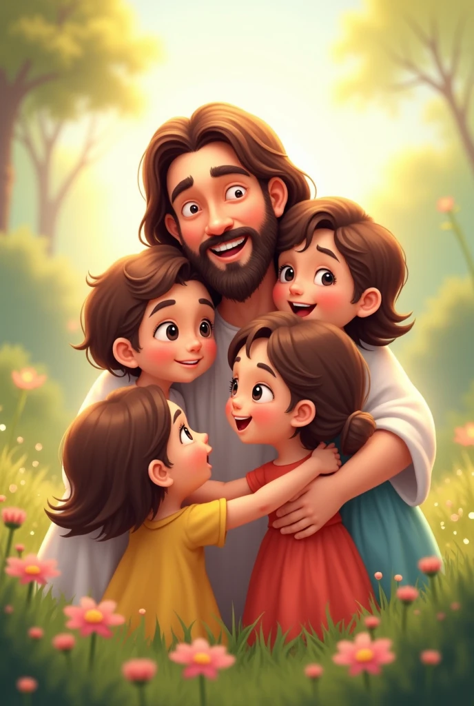 Create a cartoon of Cute Jesus hug a children