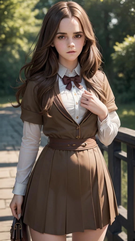 (Emma Watson), ((ultra quality)), ((masterpiece)), Hermione Granger, Harry Potter, An Epic Picture, ((brown-haired long hair)), (Beautiful face), (beautiful female lips), (), charming, (), looks at the camera, eyes slightly open, (skin color white), (White skin), glare on the body, ((detailed beautiful female eyes)), (eye color - brown), (juicy female lips), (dark eyeliner), (beautiful female hands), ((ideal female figure)), ideal female body, (), beautiful waist, gorgeous thighs, beautiful medium breasts, ((subtle and beautiful)), A seductive stance (), (dressed in Hogwarts school uniform) background: bridge on Hogwarts grounds, Beautiful sunset, ((depth of field)), ((high quality clear image)), (clear details), ((high detail)), realistically, professional photo session, ((Clear Focus)).