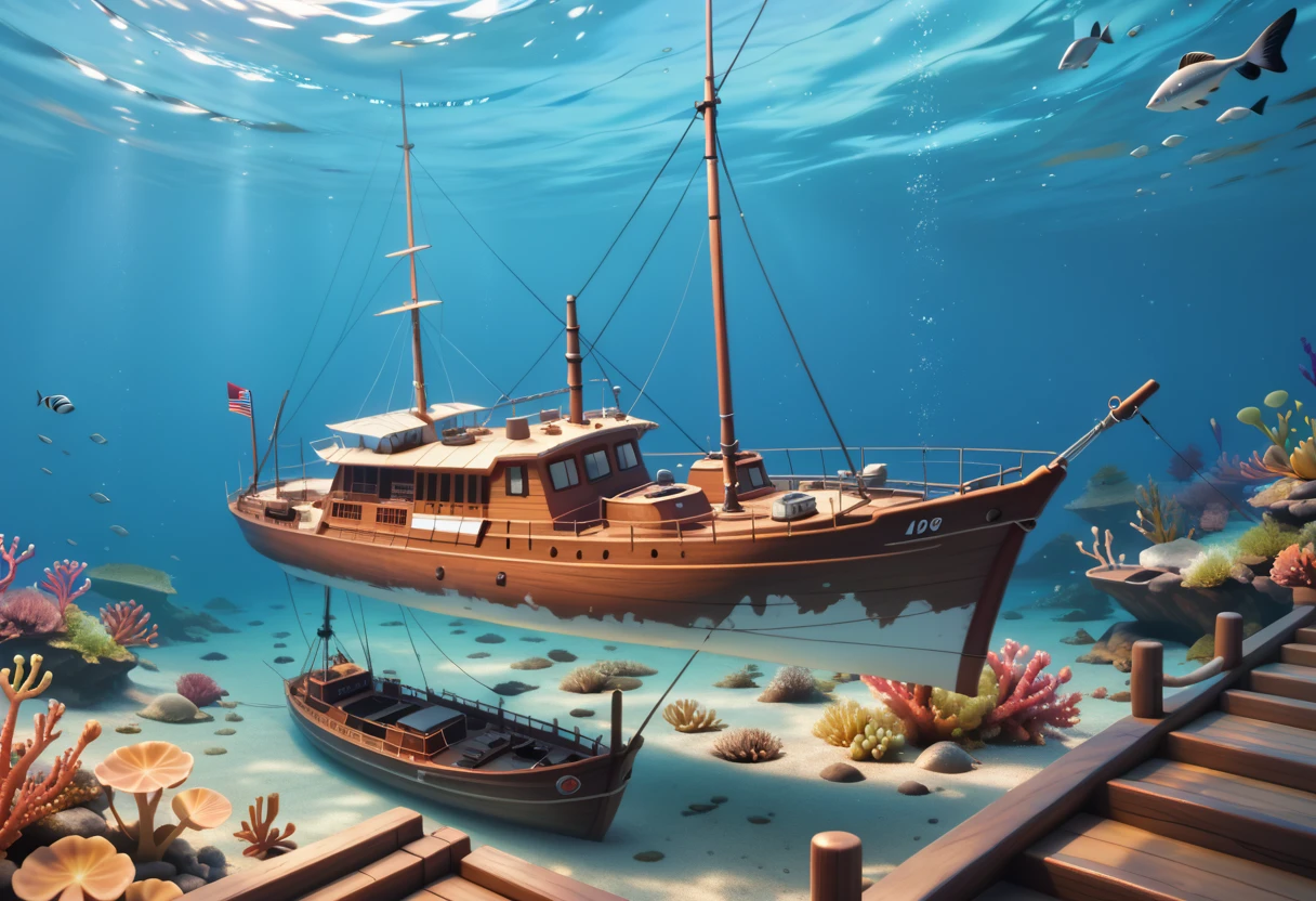 a sunken ship, partially submerged, deep water, on the seafloor, underwater, a brown sunken fishing ship, brown sunken steamboat ship, masterpiece quality, ultra HD, 4K, best quality