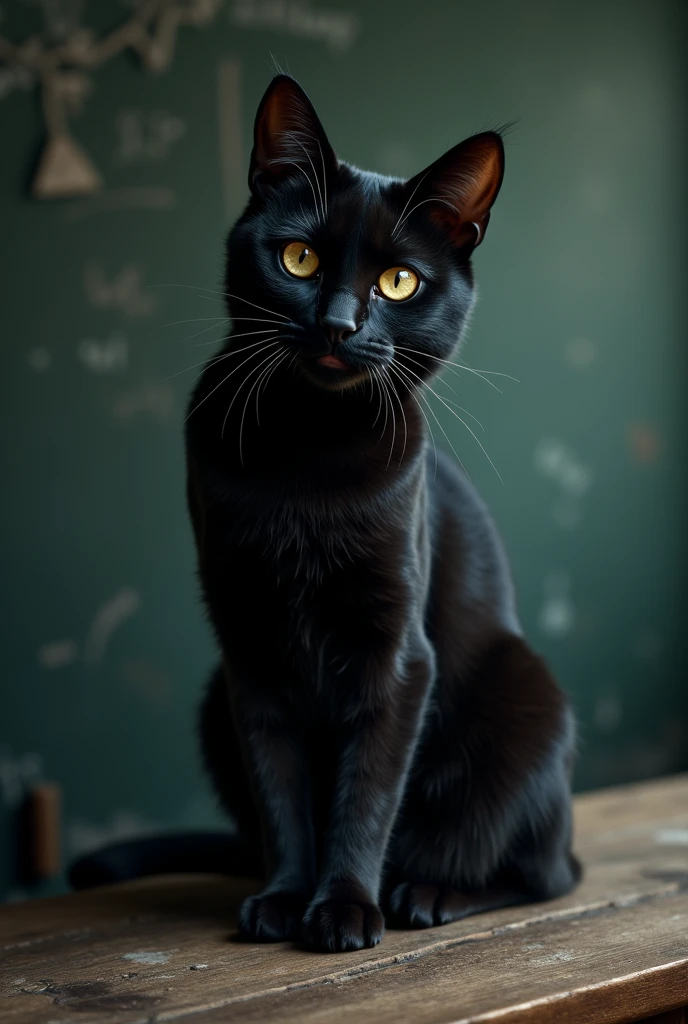 creates the image of a black cat with one eye, appearing on the right side of a blackboard