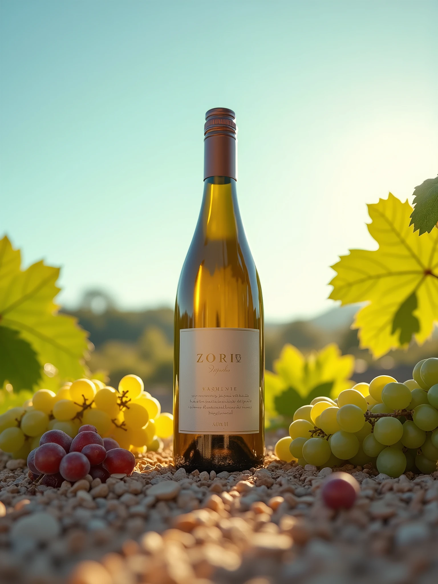 Product photography of wine, placed on gravel, surrounded by grape leaves and grape berries against a blue sky. This high-resolution, focused photo was taken from the front with a cinematic composition and soft lighting in the style of an advertising campaign. Warm tones, bright colors, light backgrounds and golden hour lighting create a natural summer atmosphere. Depth of field and professional photo shooting produce a clean, sharp focus and commercial image.