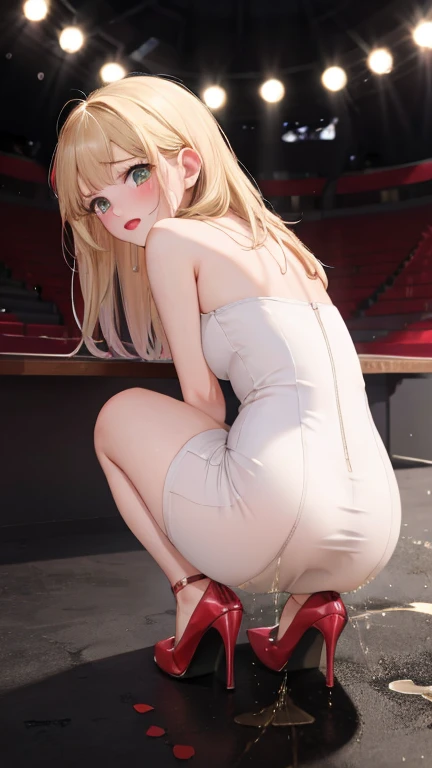 High resolution, Beautiful woman, Attention to detail, Good lighting, Obscene, conversion, ((Red one-length bodycon)), ((Red high heels)), Bare thighs, Bare arms, (((Be incontinent))), (Pee), Peeの染み, (puddle), Thick thighs, Nice long legs, lipstick, Detailed face, Cute Face, Embarrassed and blushing face, Humiliated, ((On the disco stage)), (Squat), (Rear View),Stick your butt out