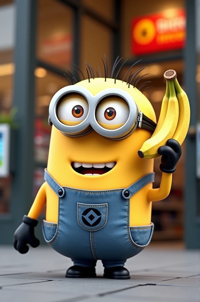 Despicable Me Minion (Bob) leaving a supermarket with a banana in hand 