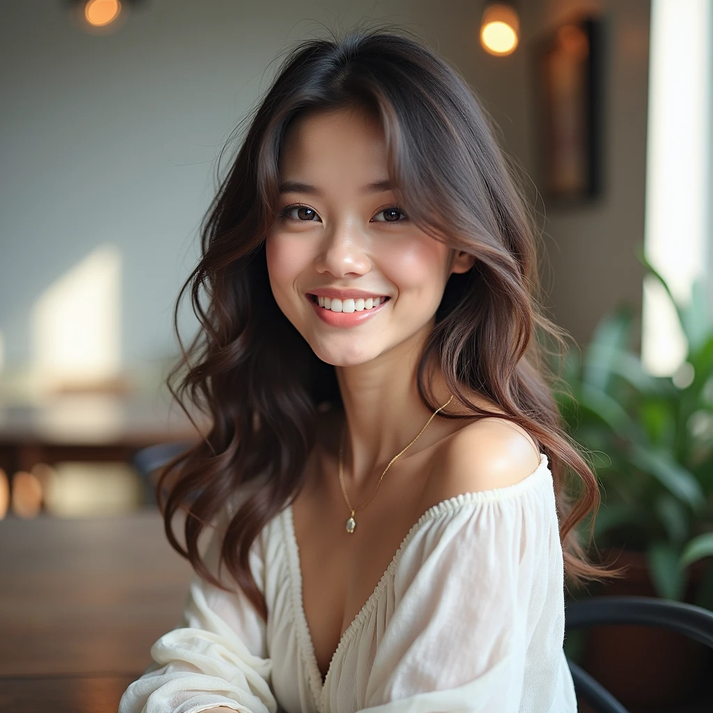 a young mixed asian and hispanic woman with long wavy hair wearing a white summer dress, sitting at a table, smiling, (high detail skin:1.2), 8K UHD, Digital SLR, High quality, filmgrain, Fujifilm XT3, perfect figure, (beautiful woman:1.4), ((wavy hair)), RAW photo, rim lighting, dim lighting, perfect anatomy, anatomically correct, perfection proportions.
