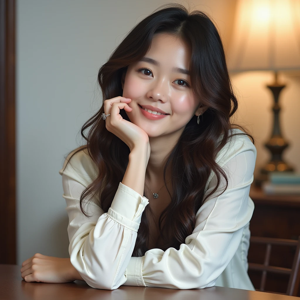 a young mixed asian and hispanic woman with long wavy hair wearing a white summer dress, sitting at a table, smiling, (high detail skin:1.2), 8K UHD, Digital SLR, High quality, filmgrain, Fujifilm XT3, perfect figure, (beautiful woman:1.4), ((wavy hair)), RAW photo, rim lighting, dim lighting, perfect anatomy, anatomically correct, perfection proportions.