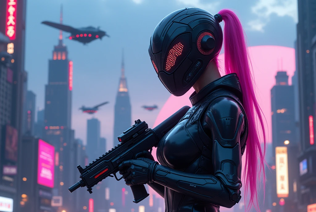 Generate an image of a futuristic female assassin in a cyberpunk cityscape at dusk. The character should wear a sleek, armored bodysuit with neon accents and a helmet that displays a digital interface across the visor. Her hair should be visible, glowing a vibrant pink. She should be holding a compact, advanced laser rifle. The backdrop should be a sprawling city with towering skyscrapers and flying vehicles, illuminated by the last rays of the sun combined with the city's glowing billboards and signs. The atmosphere should blend cool tones of blue and purple with the warm hues of the setting su