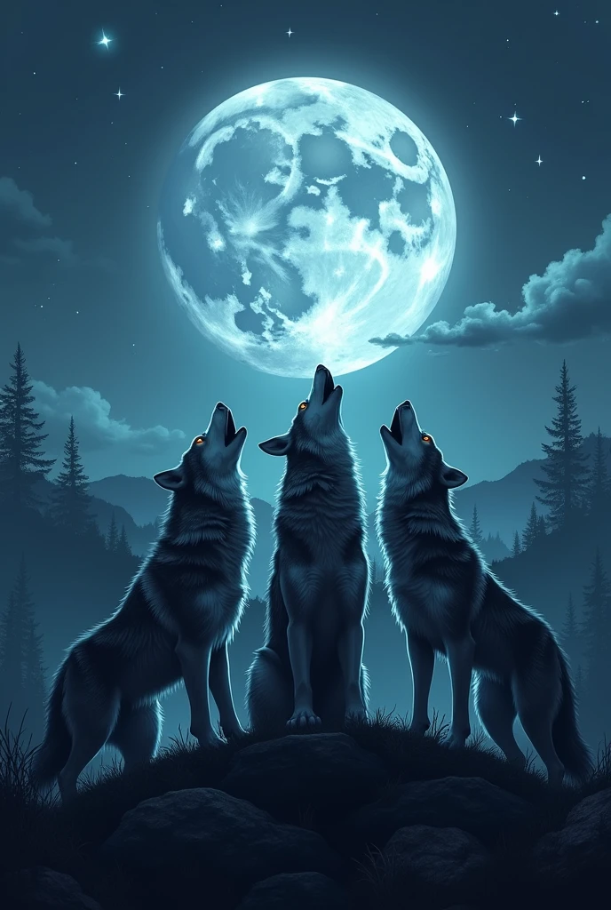 A pack of wolves howling at the moon the moon says Wolverine Inu