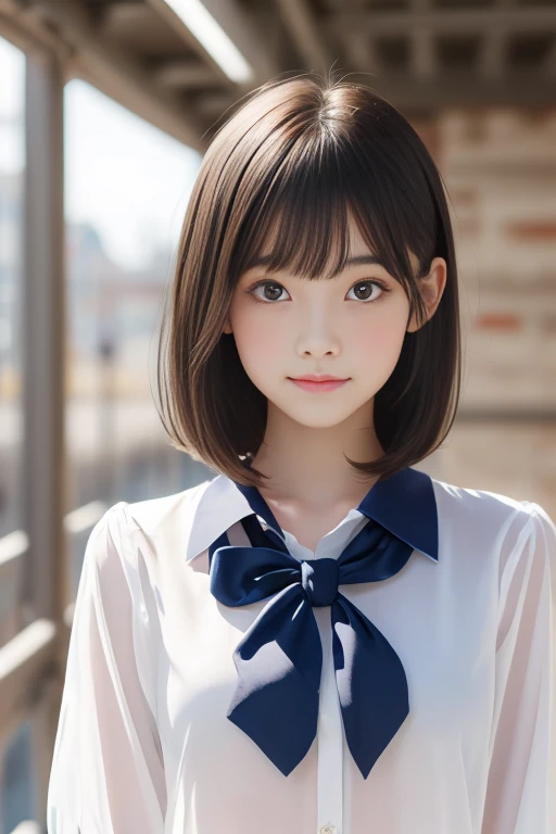 Highest quality,Photo quality,Ultra-high resolution,Professional Lighting,,Beautiful face like an actress,(high school student:1.3),Transparent blouse:0.7,Short bangs