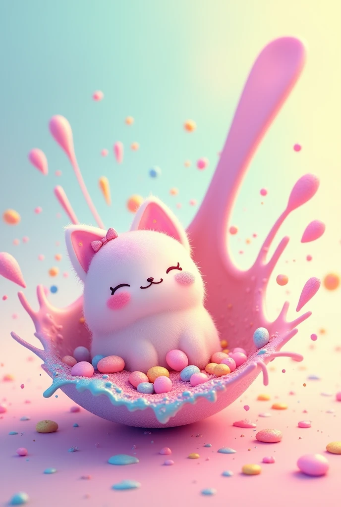 Make a small spoon with multicolor pastel glitter tiny pebbles inside with splash art style around 2d anime cute faceless like in motion