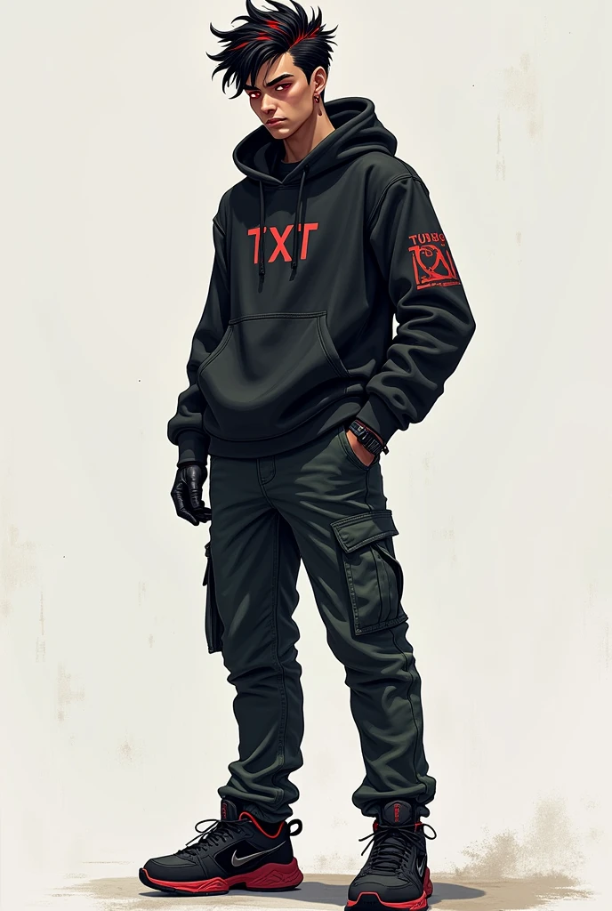 Here is the updated description of Turbo Xeno Symbiote (TXT) in his human form as a 16 year old teenager:
### Physical Appearance in Human Form ( teenager):
1. **Complexion and Physique:** In his human form as a teenager, TXT tiene una complexión atlética, typical of someone who trains regularly. He is thin but muscular, with a height slightly above average for his age, which gives it a slim and agile appearance.
2. **facial features:** His features are youthful and slightly angular., with a well-defined jaw and high cheekbones. He has a face that can be considered attractive., with an often relaxed but intense expression, reflecting both his youth and the experience he carries with him by his unique nature.
3. **hair:** TXT tiene el cabello negro con mechones rojos que añaden un toque distintivo a su apariencia. Her hair is medium length, slightly messy, which gives it a casual and modern style. Red strands are interspersed with black hair, giving it a rebellious and energetic air.
4. **eyes:** Her eyes are of an intense red, shining with a vibrant glow. This unusual color gives it a mysterious and somewhat intimidating look., Although he often hides it behind a kind or thoughtful look.
### Clothing in Human Form:
1. **casual clothes:** As a teenager, TXT prefiere ropa cómoda y moderna que refleje su personalidad juvenil. He usually wears tight t-shirts or hooded sweatshirts., Often in dark tones or with prints that reflect their taste for technology and science fiction.. His style is contemporary, mixing elements of urban fashion with futuristic touches.
2. **Pants and Footwear:** TXT normalmente viste jeans oscuros o pantalones cargo, that allow you to move freely and have some gadgets or tools at hand. Their footwear is usually high-tech sneakers., that match your youthful style and provide the necessary support for every day.