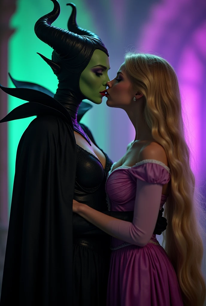 A stunning closeup portrait of Maleficent fondling her breasts, she is fertile and wants to breed, location is dungeon interior, purple and green light, breasts, powerful, pale eyes, she is kissing a young Rapunzel, Rapunzel is young and has long blonde hair that is 100 feet long
