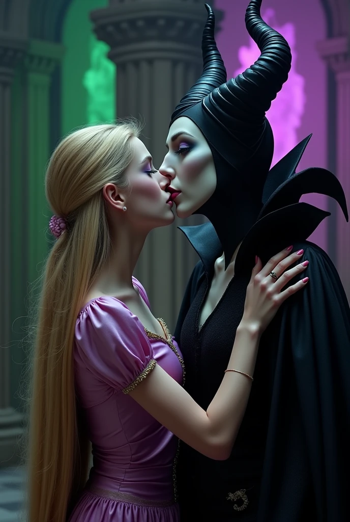 A stunning closeup portrait of Maleficent fondling her breasts, she is fertile and wants to breed, location is dungeon interior, purple and green light, breasts, powerful, pale eyes, she is kissing a young Rapunzel, Rapunzel is young and has long blonde hair that is 100 feet long