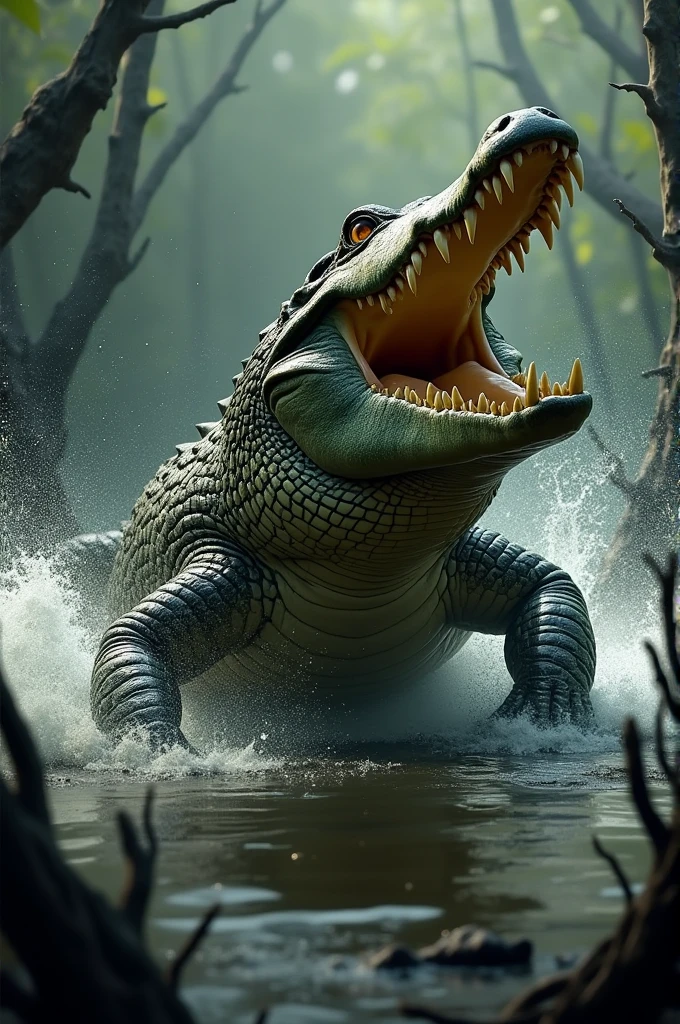 A saltwater crocodile launching out of the water in an aggressive attack, its jaws wide open with sharp teeth glistening. The crocodile’s eyes are intense and focused, showing a predatory gleam. Water droplets are spraying everywhere as its powerful body propels forward, muscles rippling under its tough, scaly skin. The background is a murky swamp with twisted roots and shadows, giving a sense of lurking danger.