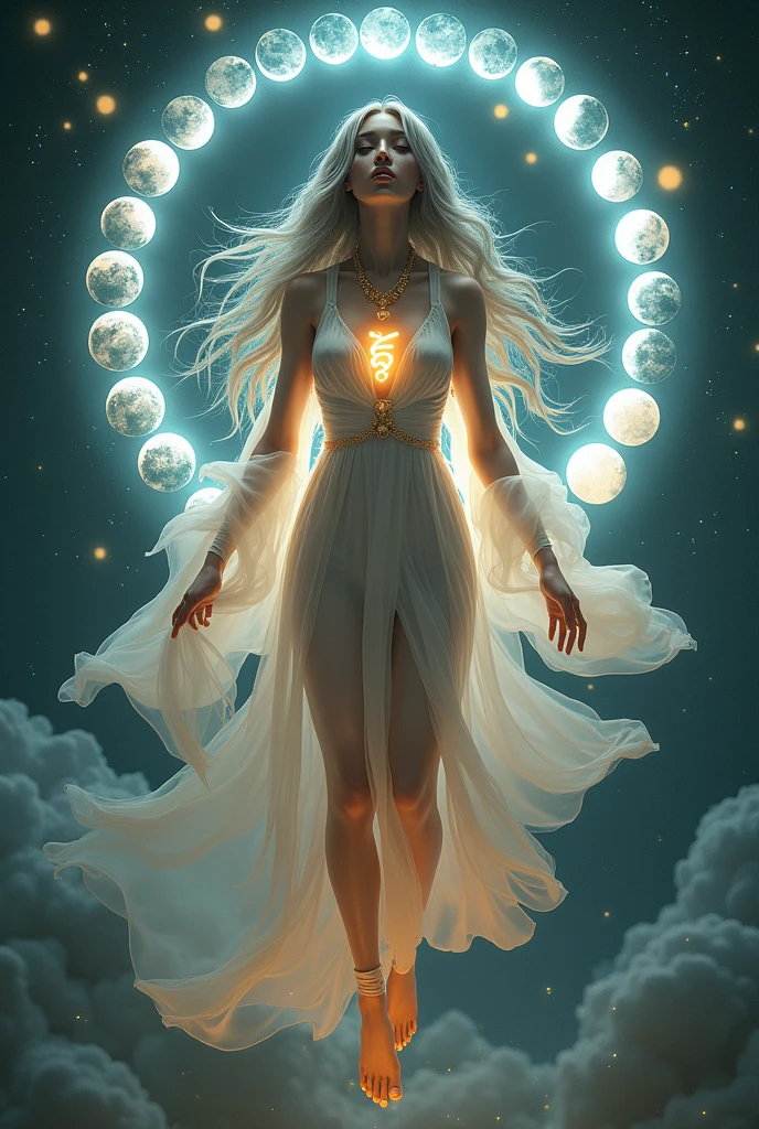 Generate an image of make another one but make it that the small different ring of moon lunar position small moons behind her make sure there's Cancer ♋ as tattoo that glowing Goddess appearance, long wavy hair. Her looks is like Asian japanese her clothes is majestic goddess standing and behind her theres Ring of moons she is floating there's must be a Cancer ♋🦀 tattoo just just put cancerians words on her body