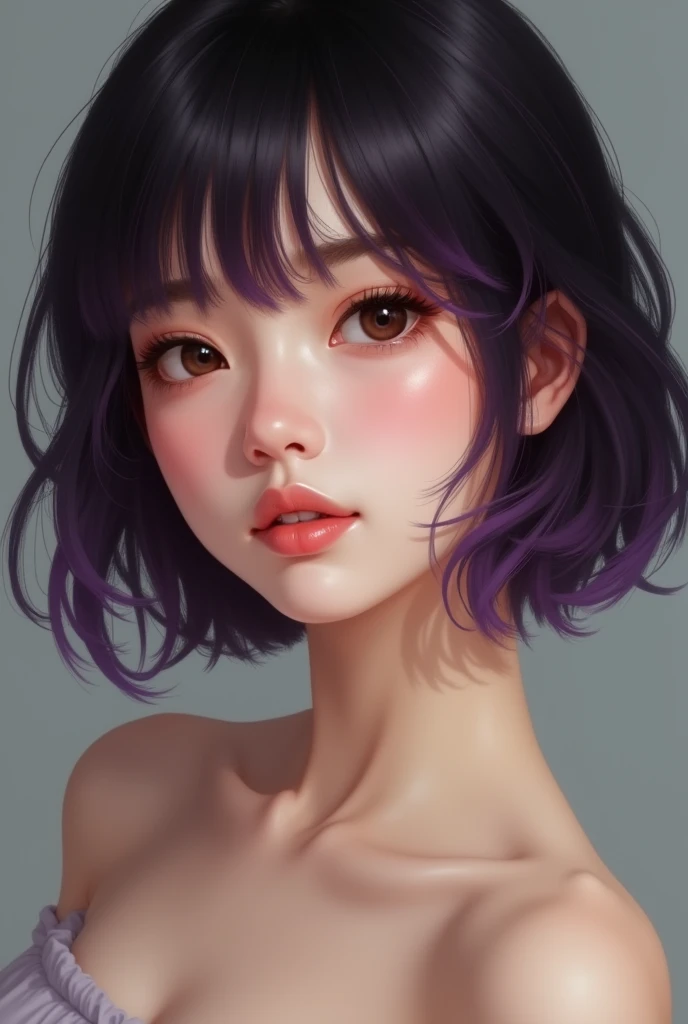 Very realistic Canadian woman, Caucasian skin, short dark hair with purple tips and long bangs, pink lips, eyes browns. Her expression is soft.