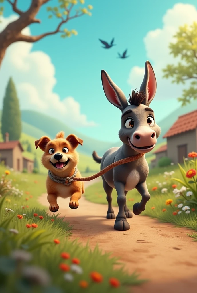 generates an image of a dog pulling a donkey by its rope