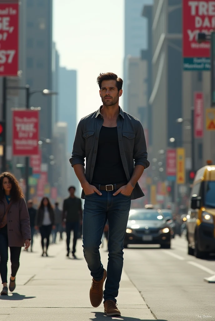 man 23, resembling henry cavil walking down the street