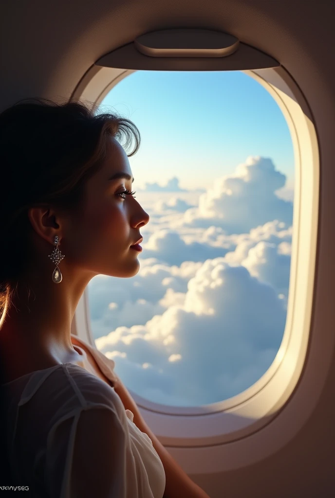 Create the image of a woman traveling on a plane, looking out the window at the clouds.
The woman should look out the window at the clouds