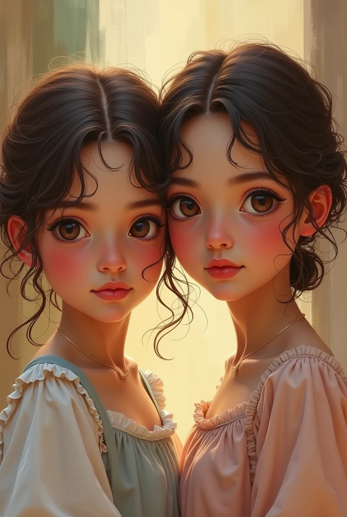 Create a 2 Italian girl with short brown wavy hair and brown eyes 