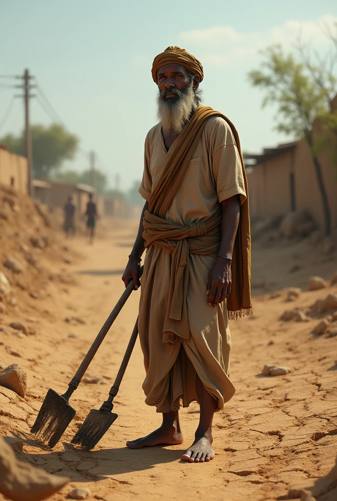 The Farmer's StruggleScene Description: A 3D depiction of a small, rural village with a farmer named Ramoo standing in his barren field under a harsh, sun-drenched sky. The field should look dry and cracked, illustrating the effects of a severe drought.Details: Include a few broken farming tools and a sad expression on Ramoo's face to emphasize the struggle and hardship.