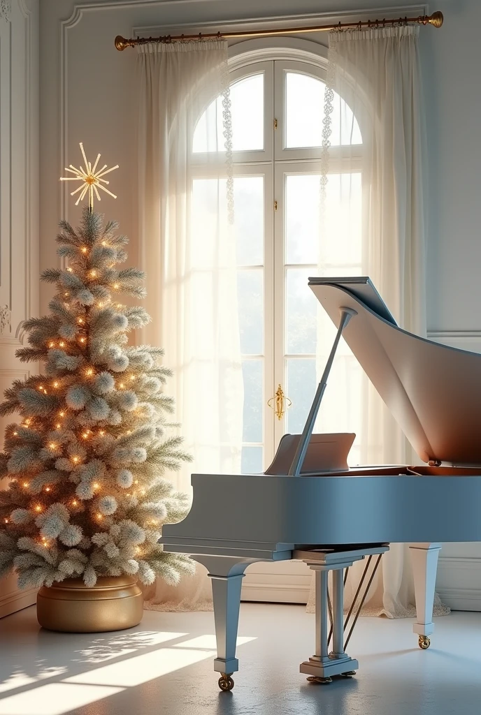 Provençal style Christmas scene with piano, tree, Luster, window, all white


