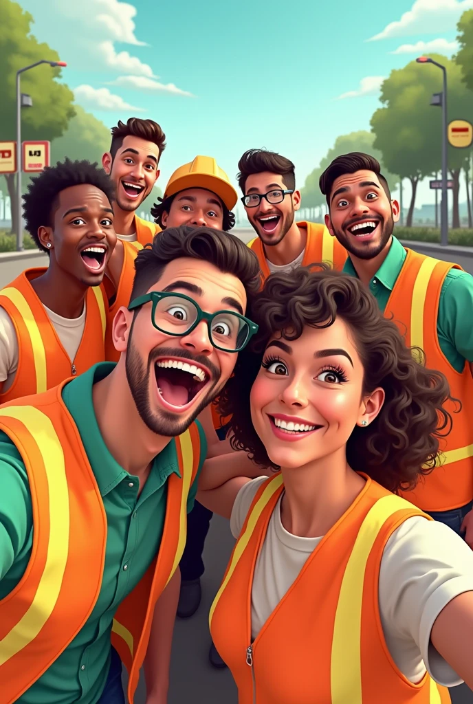 Men and women taking selfie together happily with parking signs, without helmets and with orange and green safety vests in animated illustration mode