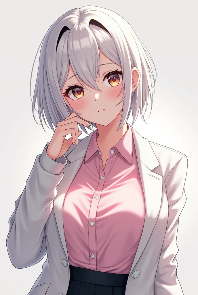 anime girl with boobs, with short white hair with black tips, wearing a white jacket and a pink shirt 