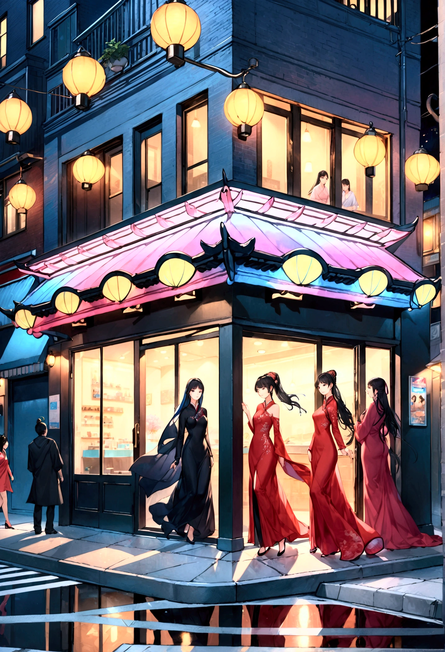 Master Piece, best quality, (extremely detailed CG unity 8k wallpaper), (best quality) 8k detail. COMIC ART, IN 3am in Manhattan %th Avenue. CLOSE UP ON a dark ninja (we are looking down over his shoulder) crouching on a street light from 30 feet above, ninja is looking down to the front of an Asian nail salon from above the sidewalk, The building as gold accents surrounded by glass and black marble. the front door is in the center of the block. it is night time lights come from above, lights come from street lights. there are no people walking on the block since it is 3am. Two beautiful Asian women in red long dresses stand by the doorway with open arms and smiling.