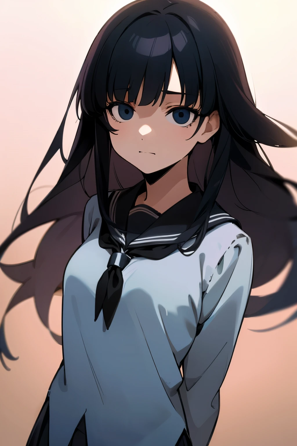 anime girl, white school girl outfit, looking at camera, facing forward, front facing, long black hair, straight hair, thin, , deadpan expression, dead eyes, blank eyes, looking forward, fully body, fully body shot, framed far from camera, arms at side, neutral pose, evil smile