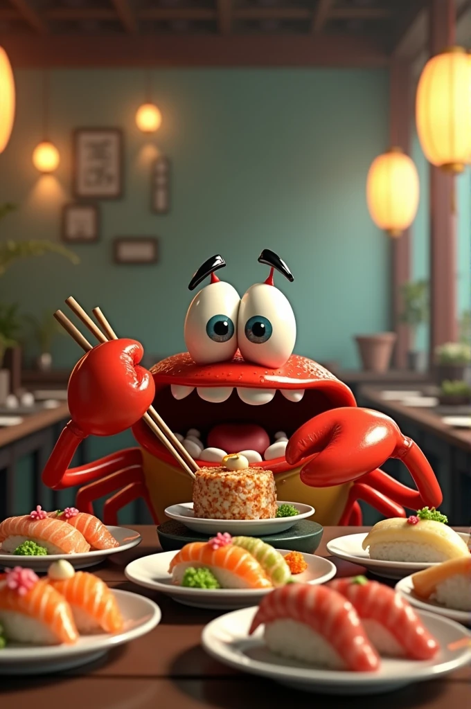 Mr. Krabs eating sushi with chopsticks