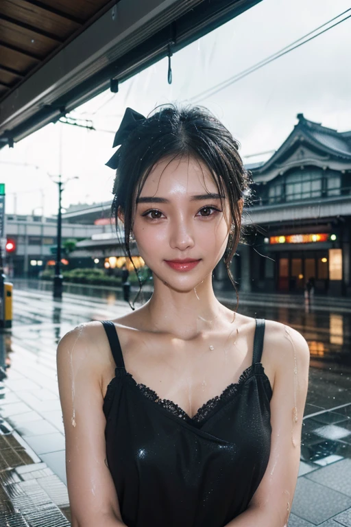 (2 Japanese girl,), (Small breasts:1.5,),(solo,,Textured skin, Detailed skin,Detailed face,Detailed eyes,detailed posing,Natural eyebrows,Sparkling Eyes,High detail, Highest quality, Super detailed, Surrealism, ,8k,RAW Photos,Photographicism,Professional Lighting,Portrait Photography,Soft Light),((Black Hair, Dark Eyes,Natural Makeup,Simple earrings,Bob Hair,ribbon,smile)),(((,Station building of Tokyo Station,after the rain,Wet road surface,reflection)))