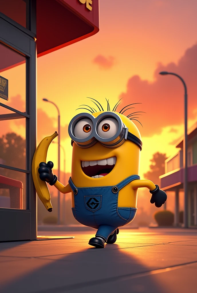 Un minion qui a un joint dans la bouche dans un grand entrepôt rempli de carton de canabis avec des minions dans le fonds qui transporte des caisses de weed avec au dessus un grand panneau lumineux avec ecrit dessus Coffee Minion35 avec une feuile de weed et au sol a coter du minion des petits sachets transparent de poudre blanche et des caisses de canabis en cartoon