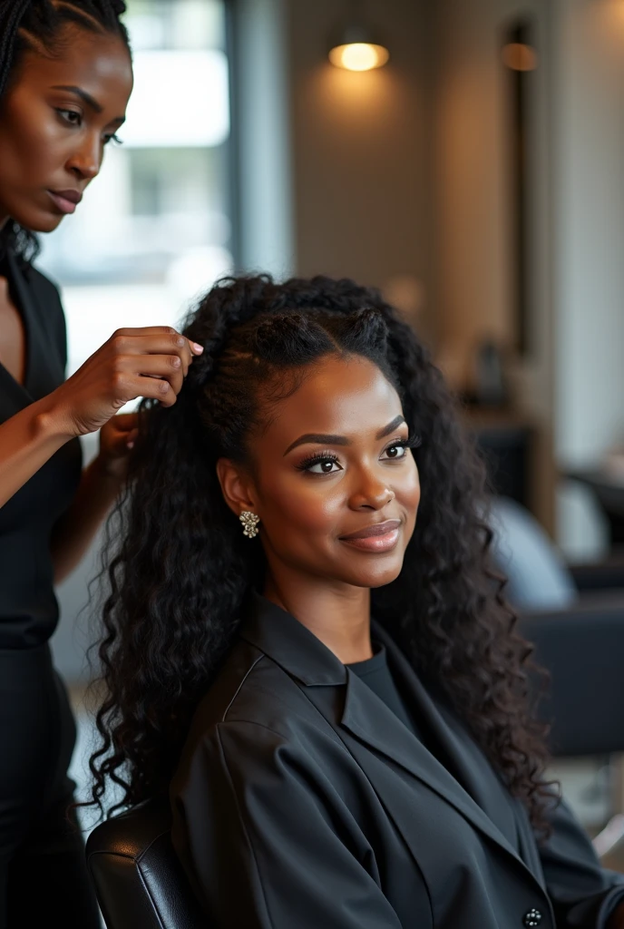 Generate an image of a black skinny curvy beautiful lady learning how to braid hair in a salon at the city