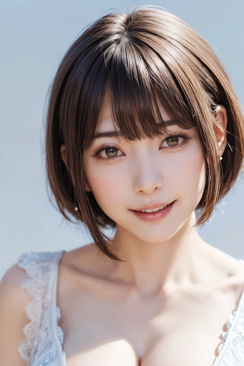 (software:1.8、masterpiece, Highest quality),1 person, alone, hyper Realistic, Realistic,Realistic, Looking at the audience, Light brown eyes:1.4,Brunette Short Bob Hair with highly detailed shiny hair, Brightly colored winter clothes, Lepangas:1.4), Outdoor, Mouth closed, Upper Body、big chest eye、eyelash、{Hugeな|big chest|Hugeなな|Mega} whole :2, chestの谷間:2、(((big chest eye、Short Bob Hair、Highlights from Students、Looking at the audience、She is very beautiful and cute、Show me your ears、Long neck、smile、Close your mouth and smile、Bangs and beautiful teeth)))、Ideal body type、（Nothing is drawn、A very beautiful pure white background:1.6）、美しいLong neck:1.4、(({Huge|big|Hugeな|Mega} chest, chestの谷間:2、Upper Bodyは服を着ていない:1.6))、(((Portraiture:2)))、Perfect Anatomy