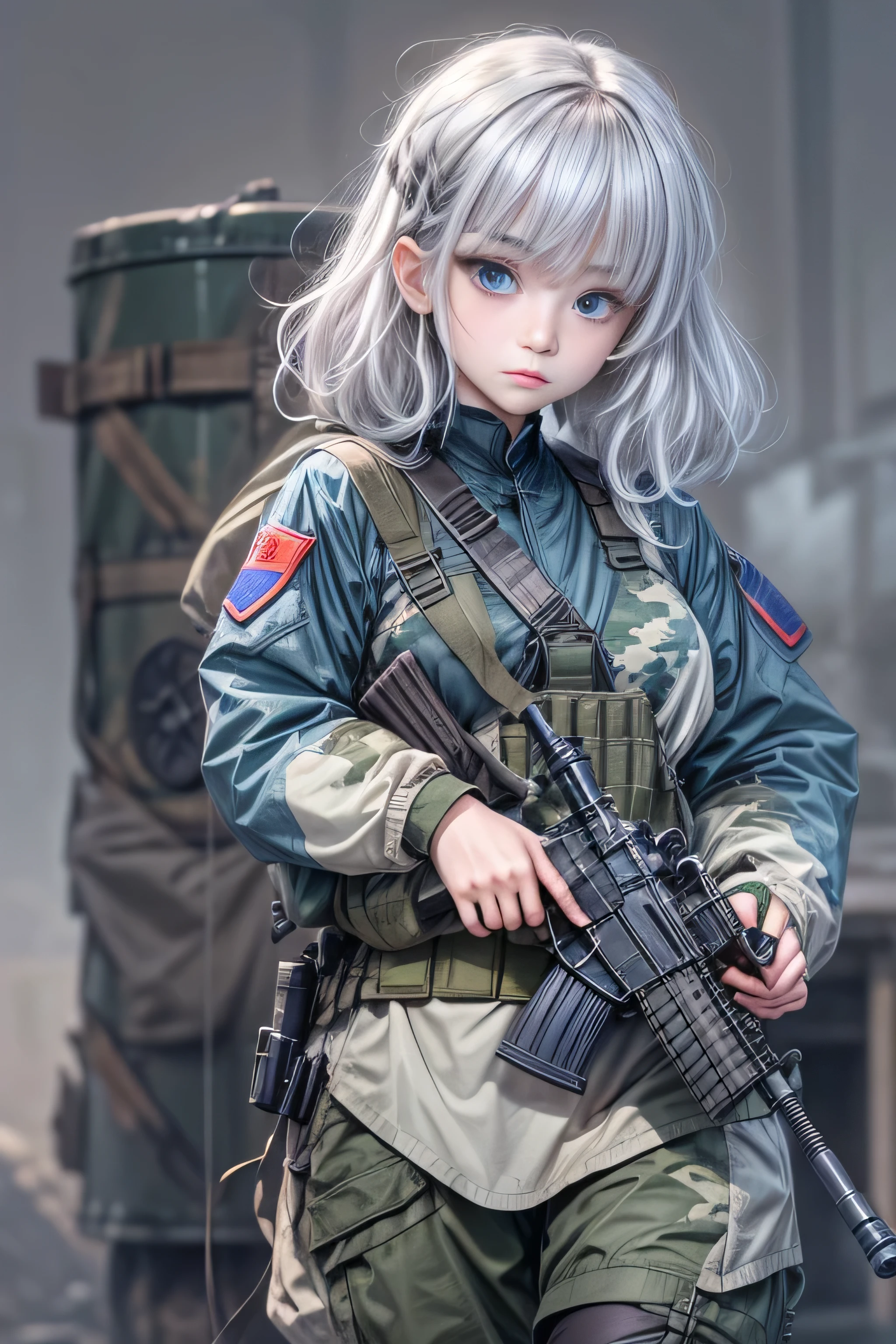 8k.Half Russian and half Japanese、Russian face、beautiful girl、princess、、Small face、Young face、Big eyes、Skinny、Small breasts、(((Silver Hair、Silver Hair)))、With bangs、(((High resolution big beautiful light blue eyes, )))、Shortcuts、Bobcut、Partially braided、uniform、US military、Camouflage、Army、Holding a rifle、Holding a survival knife、Rocket Launcher、Grenade、