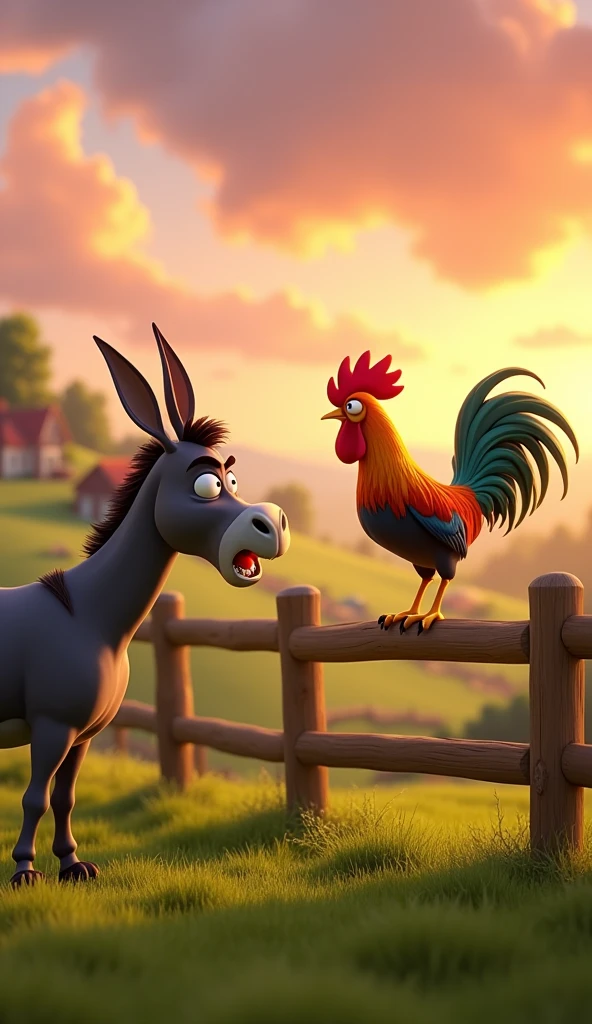 Draw a scene of an angry donkey arguing with a rooster with orange, green and blue plumage on a very pretty farm at dawn. The donkey should have an angry facial expression. The rooster should be very calm, standing on a wooden fence, with its colorful feathers standing out in the design. The farm should be picturesque and detailed, with green fields and a sunrise sky with soft shades of orange and pink, in Pixar style