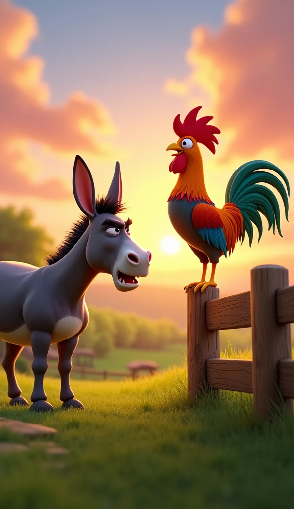 Draw a scene of an angry donkey arguing with a rooster with orange, green and blue plumage on a very pretty farm at dawn. The donkey should have an angry facial expression. The rooster should be very calm, standing on a wooden fence, with its colorful feathers standing out in the design. The farm should be picturesque and detailed, with green fields and a sunrise sky with soft shades of orange and pink, in Pixar style