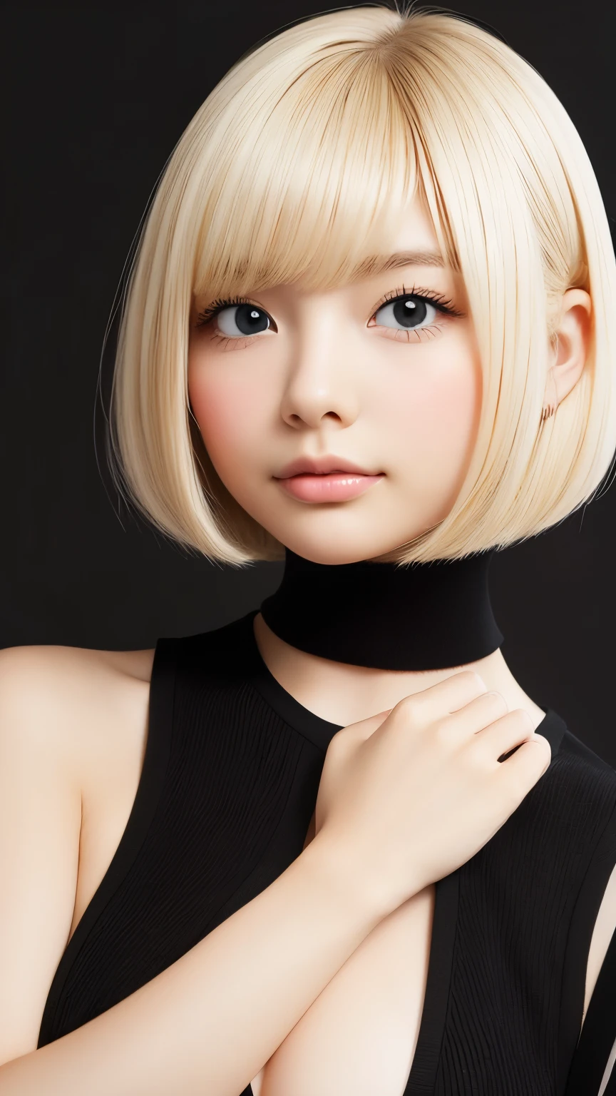 Black and White、Blonde、Monotony、Paper Cut、woman、Baby Face、 Bob Cut Hair, side lock hair