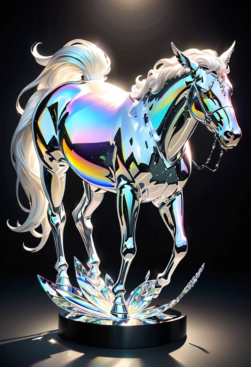 Centaur, a work of art carved from pearl platinum crystal, (ultra detailed, absolutely resolution, best quality:1.3), 2.5D, delicate and dynamic effects, iridescent lighting effects, artistic photography, hyper realistic