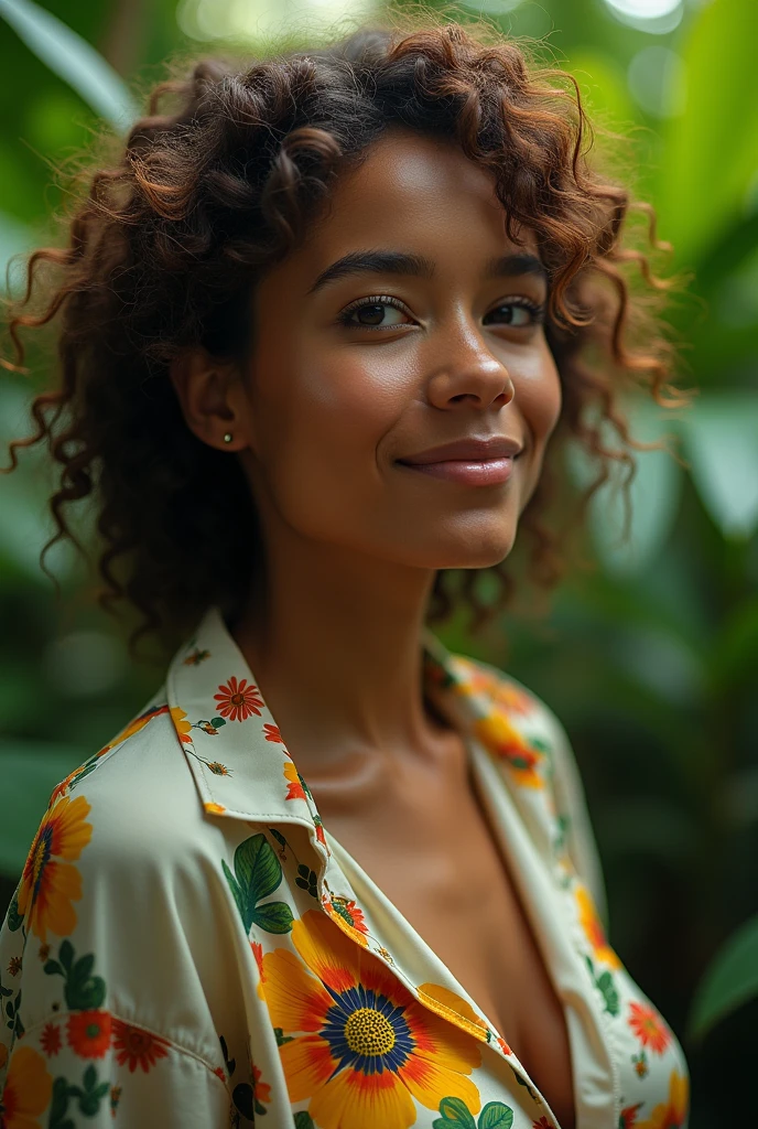 A Brazilian woman in a lush tropical garden, wearing an open shirt with a floral print, with a close-up capturing the harmonious beauty between her breasts and the natural flowers, showing off your natural charm and outgoing personality.