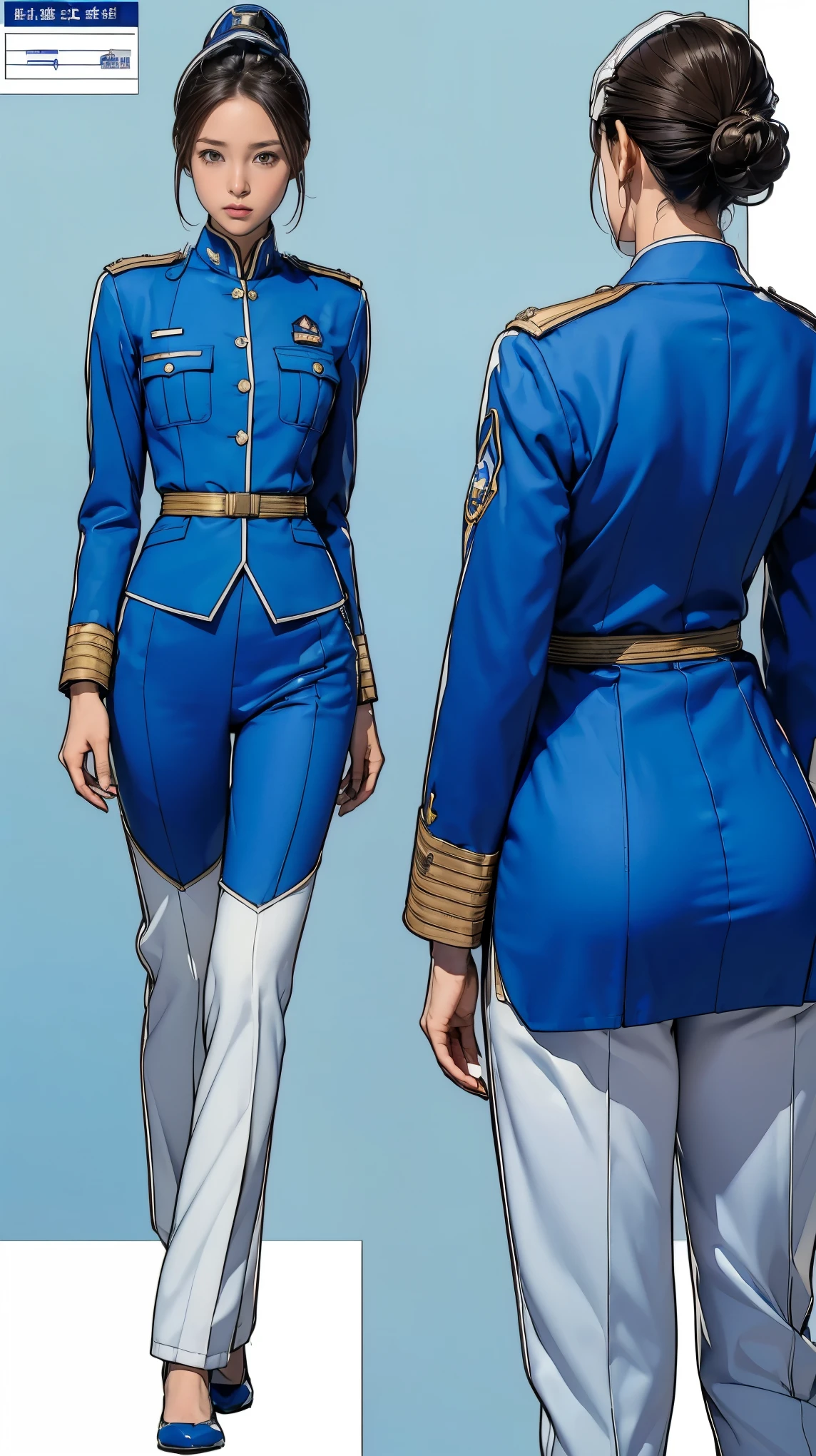 ((masterpiece)),(((Highest quality))),((Reference Sheet, Character Design, front, return, ~ ~ ~ side, Mr...々Hairstyle, Mr...々performance, Facial Expressions)), , Cute type, (Very slim:1.4), (Very small ass:1.4), Realistic buttocks, (Medium Bust:1.4), Short Bob, Thin thighs, Long legs, It's not a big deal,(A female Earth Federation officer is walking), (Wearing Earth Federation military uniform, White and blue military uniform),(Worn by federal government employees&#39;White Hat:1.5)