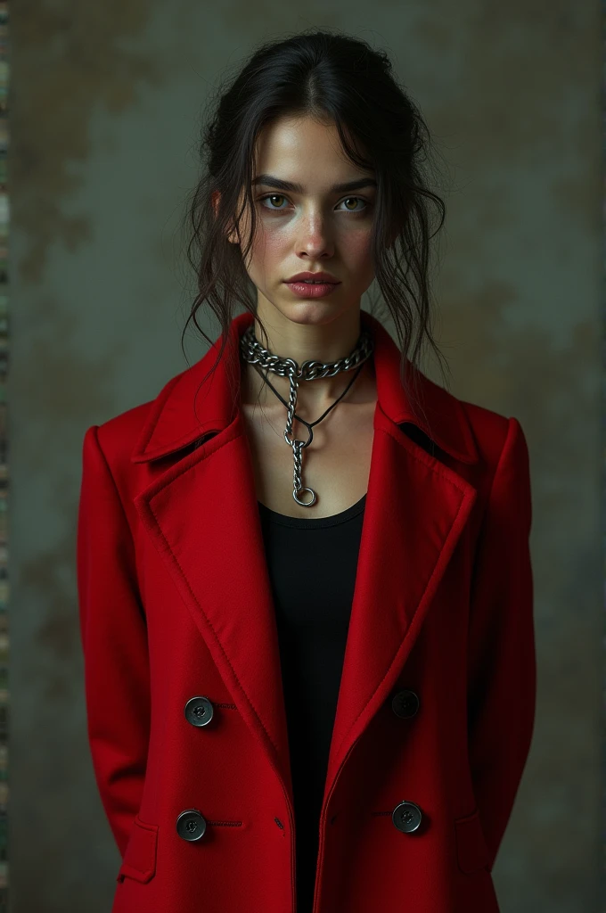 girl in red wool coat, bent over, handcuffed, collar and leashed