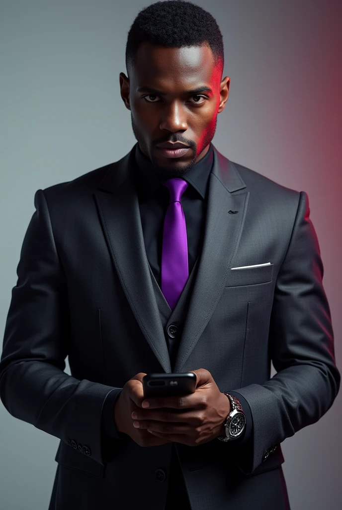 A cool movie poster with a black boy, short black hair, marked jaw, wearing a dark gray suit with a black dress shirt and a purple tie. He holds his cell phone in his hand as if he were taking a picture and wears a watch on his wrist.